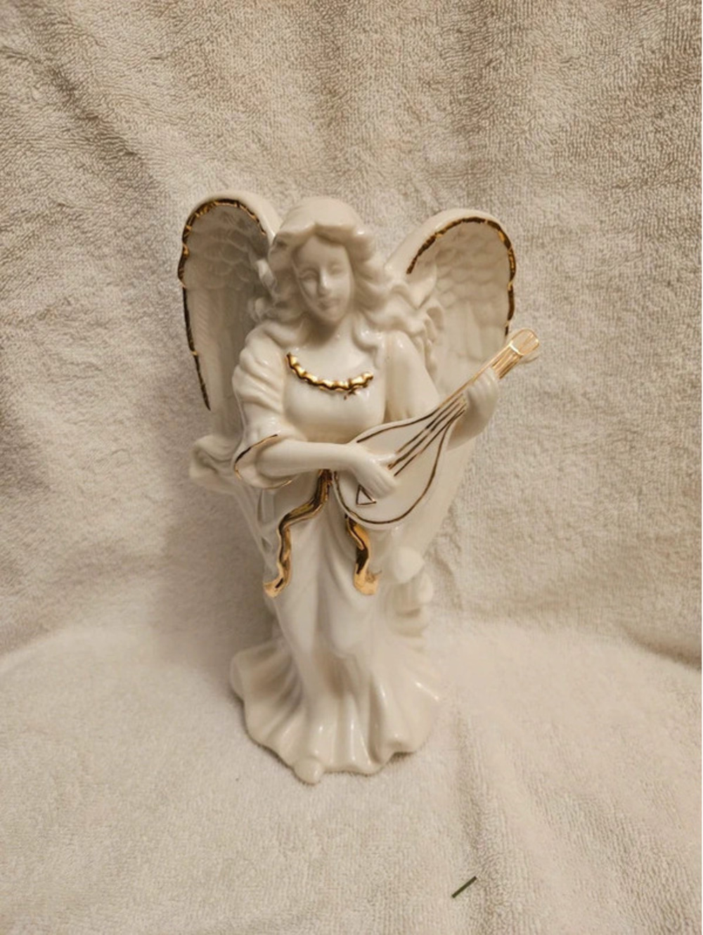 Vintage White Porcelain Angel Candlestick Holder Gold Trim Lute 8.5" Christmas